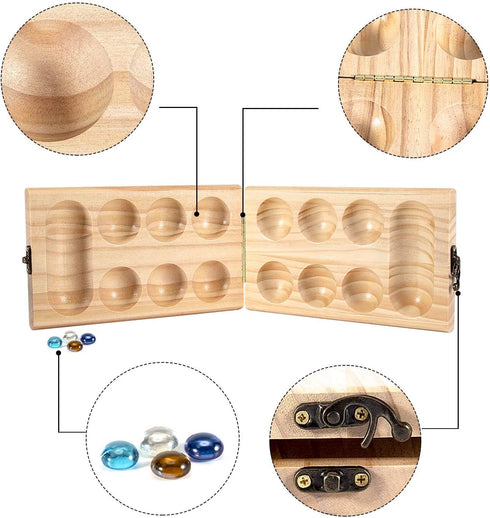 AMEROUS Wooden Mancala Board Game Set - Folding Board with 72+8 BONUS Multi Color Glass Stones, Portable Travel Game