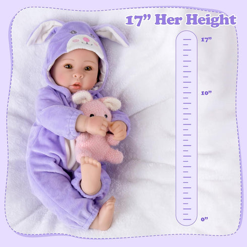 17 Inch 3+ Aori Real Baby Dolls - Realistic Baby Doll with Soft Body & Purple Bunny Outfits for Girls Pretend Play