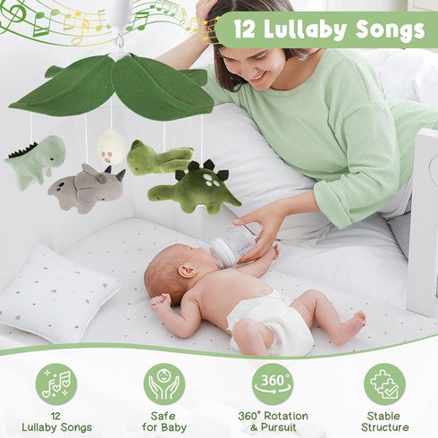 3-Mode Dinosaur Crib Mobile Grey and Green Dino Baby Crib Mobile with Music Box, Jurassic Dreams Baby Mobile for Boys