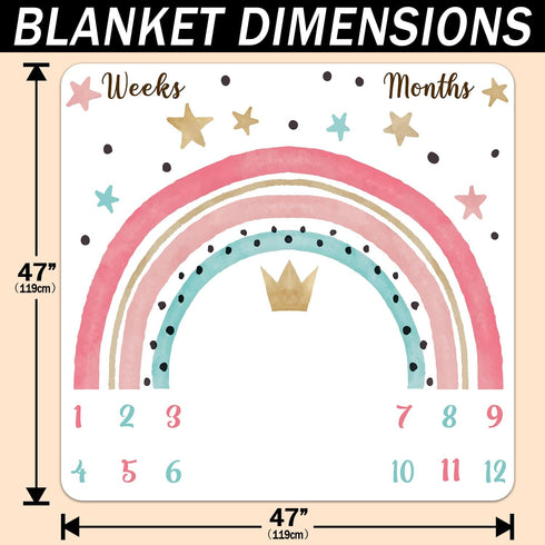 Colorful Rainbow Baby Monthly Milestone Blanket, Girl Crown Star Pattern, 47"x47", Includes 4 Frames and 1 Headband
