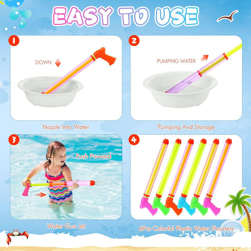 6 Pcs 24" Water Gun Cannon, Colorful Plastic Water Shooters for Outdoor Pool, Beach, and Backyard Play