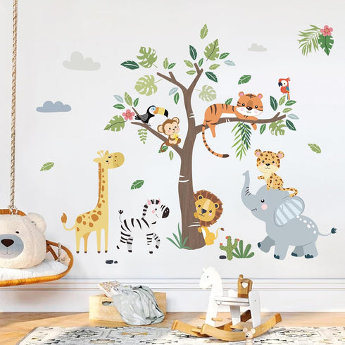 decalmile Jungle Animals Tree Wall Decals Elephant Giraffe Lion Safari Wall Stickers Baby Nursery Kids Bedroom Living