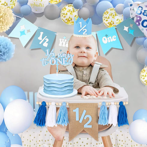 Vnysh 1/2 4PCS 6 Set 1/2 6 Birthday Boy Half Birthday Decorations Blue Month Party with Way to One Banner, Halfway High