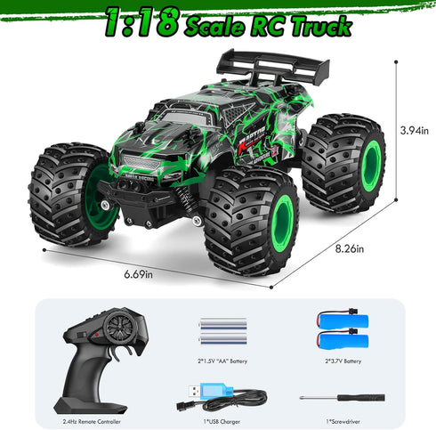 1:18 20KM/H, 2WD, 2.4GHz, 4-7 8-12, Remote Control Car, Rc Cars, All-Terrain RC Truck with LED Light, Rechargeable