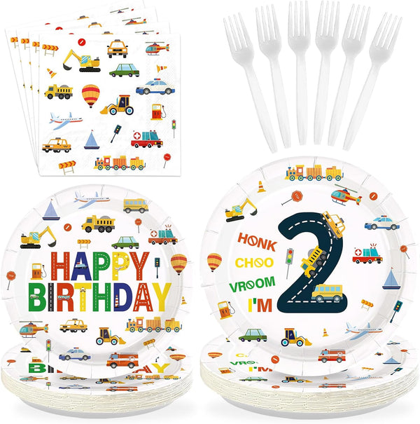 96Pcs 2nd Birthday Cars Party Supplies Transportation Theme Birthday Plates and Napkins