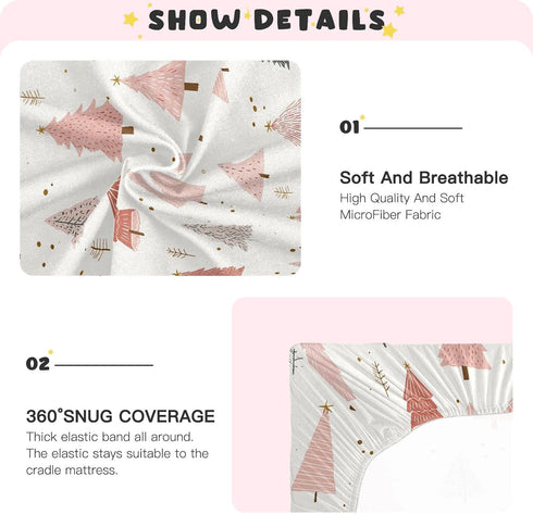 Sheet,52x28IN Pfrewn Christmas Crib Sheets for Boys Girls Pink Pastel Christmas Trees Star Gold Glitter Fitted Crib
