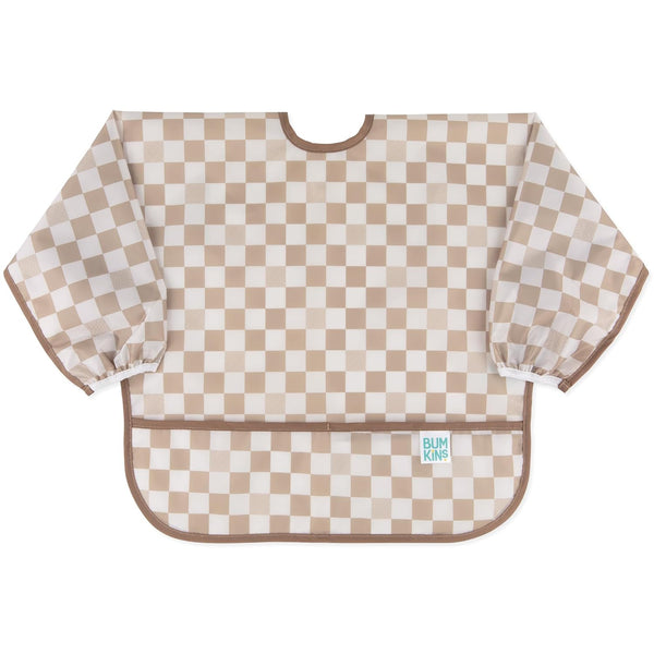 Bumkins Sleeved Bib for Baby and Toddler, Essential Long Sleeve Mess Saving Food Catcher, 6-24 Mos, Sand Check