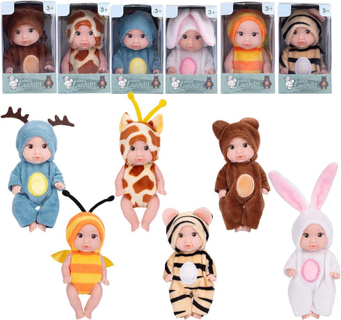 Vueos 6PCS 4inch Set 6 3+ Mini Dolls - Baby Doll with Animal Outfits & Accessories, Reborn Baby Dolls for Kids Role
