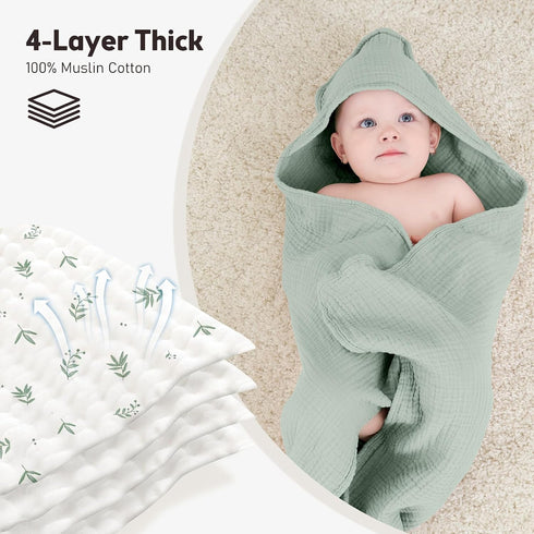 2 Pack 100% Susurration Thick Muslin Baby Towels, Cotton Soft and Absorbent Baby Bath Hooded Towel for Newborn, Infant