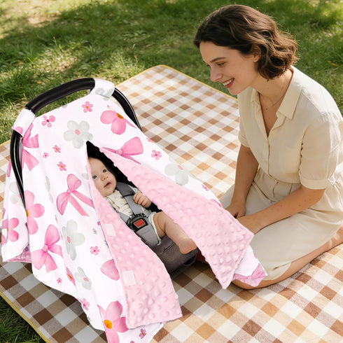 Hooyax Peekaboo Car Seat Cover for Baby Girl - Warm Minky Carseat Canopy with Adjustable Opening, Universal Fit