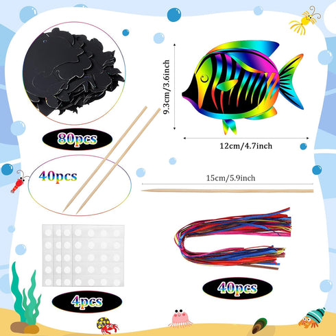 Motionchic 80 Pieces Tropical Fish Scratch Card for Kids Rainbow Ocean Fish Paper Crafts Sea Animal Ornament Under The Sea Party Favors with Wooden Stick and Ribbon for Summer Party DIY Supplies by Motionchic