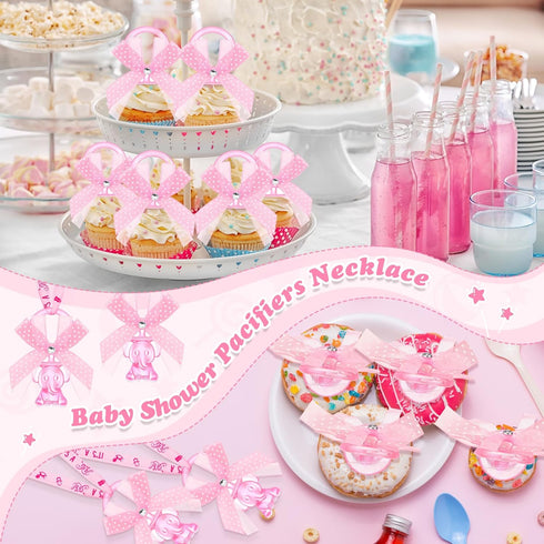 Tondiamo 60 Pcs Baby Shower Pacifiers Elephant Necklace Acrylic Baby Shower Party Favors with Cute Rhinestone Bows