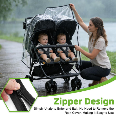 Rain Cover for Zoe Twin Double Stroller, Custom Fit Waterproof Stroller Rain Cover with Clear EVA, Ventilation Holes