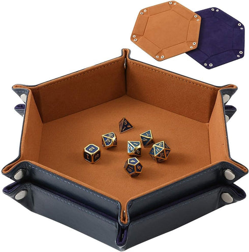 2 Pcs Portable Folding Dice Rolling Tray Set, Navy Blue and Camel PU Leather and Velvet Holder for RPG DND Games