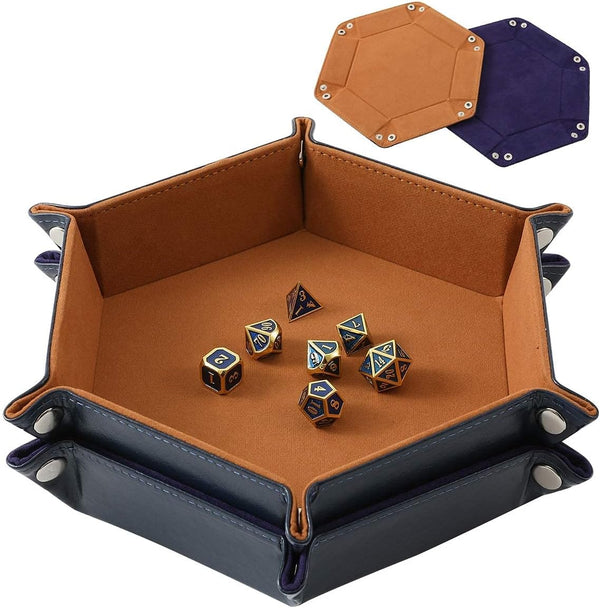 2 Pcs Portable Folding Dice Rolling Tray Set, Navy Blue and Camel PU Leather and Velvet Holder for RPG DND Games