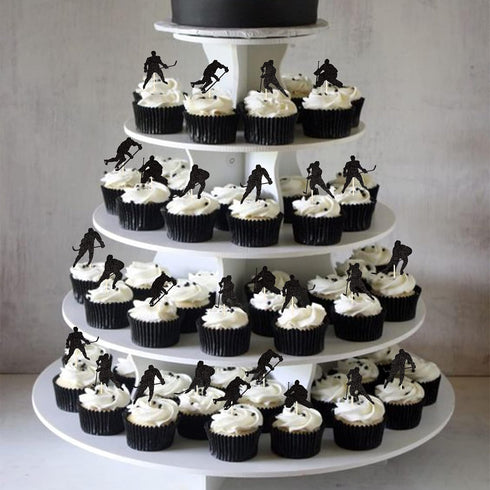 24 PCS Hockey Cupcake Toppers, Black Glitter Hockey Players Picks for Baby Shower and Birthday Party Decorations