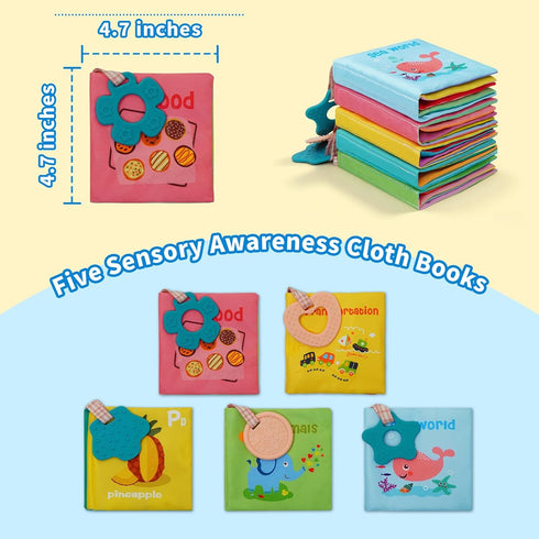5-Pack 0-3, Soft Cloth Crinkle Books for Babies Washable Non-Toxic Sensory Early Educational Toys, Bath & Learning