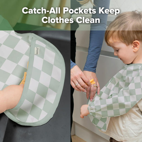 2 Pack 6-24M haakaa Baby Smock Bib (Long Sleeve + Short Sleeve), Waterproof + Easy Clean Toddler Feeding Bib