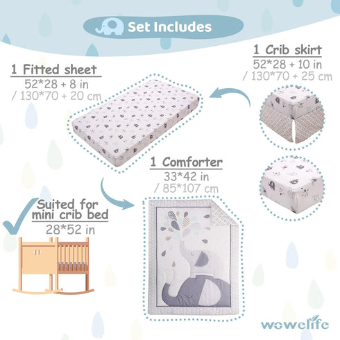 Set 3 Set, Set Wowelife Crib Bedding for Boys, Premium Piece Elephant Baby Crib Bedding Baby Nursery Crib Comforter