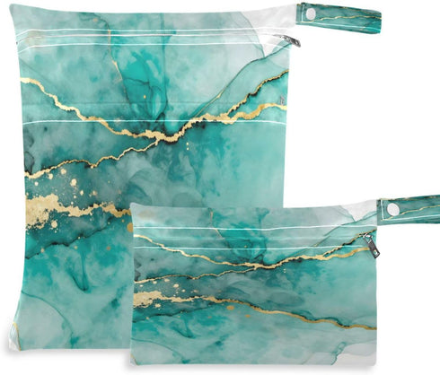 Haskirky Abstract Marble Turquoise 2 Pcs Cloth Diaper Wet Dry Bags,Waterproof and Washable