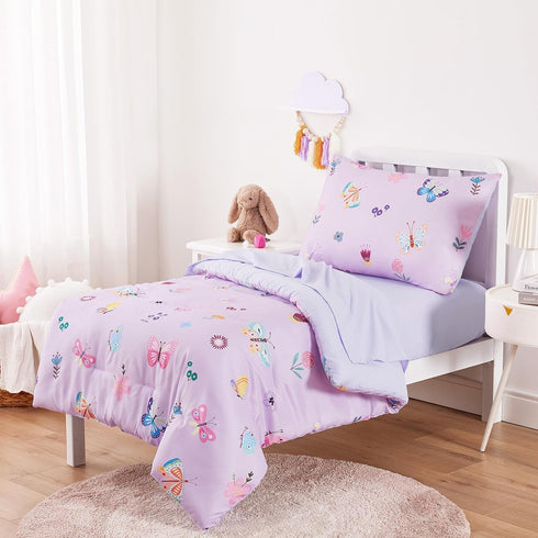 Set 4 Set Wake In Cloud - Butterfly Toddler Bedding for Girls, Cute Colorful Butterfly with Floral Flowers, Pieces Soft