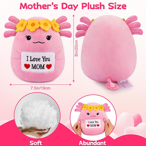 Pink Axolotl Plush Stuffed Animal Salamander with Flower Crown and Heart Embroidered I Love You Mom,Gifts