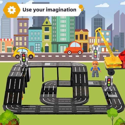 Pack, 3+Year Aukit Magnetic Tiles Road Expansion Magnetic Building Blocks Construction Toys for Old Boys Girls, Kids