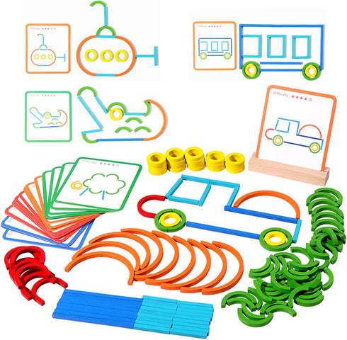 Construction Sticks & Rings Shape Puzzle, Wooden Pattern Blocks STEM Toy for Boys Girls Toddlers