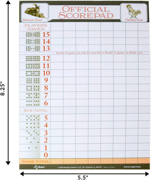 100 (8.25" 5.5") Regal Games Mexican Train Score Pads & Chicken Foot Dominoes Game for Adults - Ideal for Family Fun