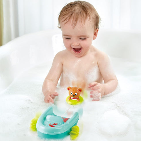 Hape Tubing Pull-Back Boat Bath Toy - Teddy Bear Floating Paddle Boat for Toddlers, Bathtub Shower Fun