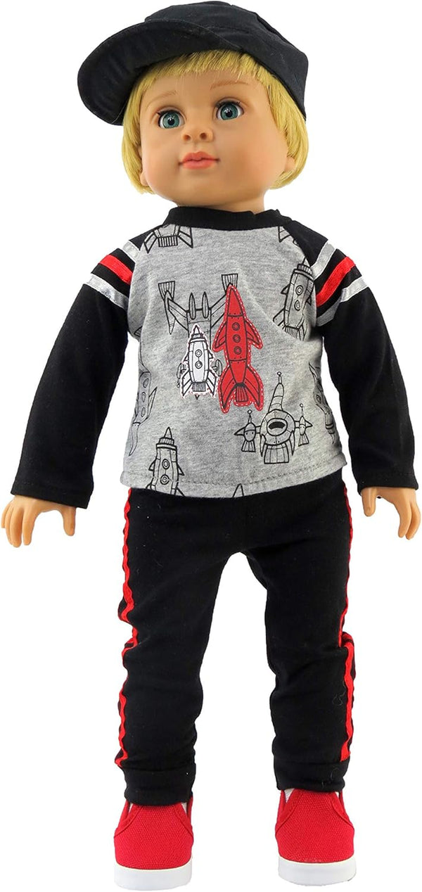 American Fashion World Boy’s Rocketship Shirt and Pants Set for 18-Inch Dolls - Premium Quality