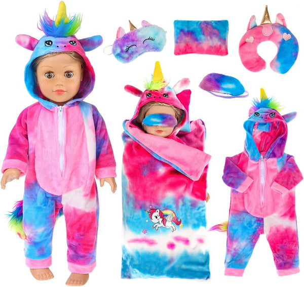 ebuddy 18 inch Doll Clothes - Unicorn Costume Colorful Tie-Dyed Pajamas Sleeping