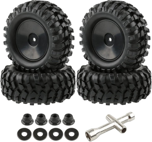 4pcs 1/10 Wheels and Tires with Lock Nuts Washers Wrench, 12mm Hex Hard Dish Wheel for Racing Off Road Buggy Truck Rock Crawler RC4WD Tamiya MST HSP CR12