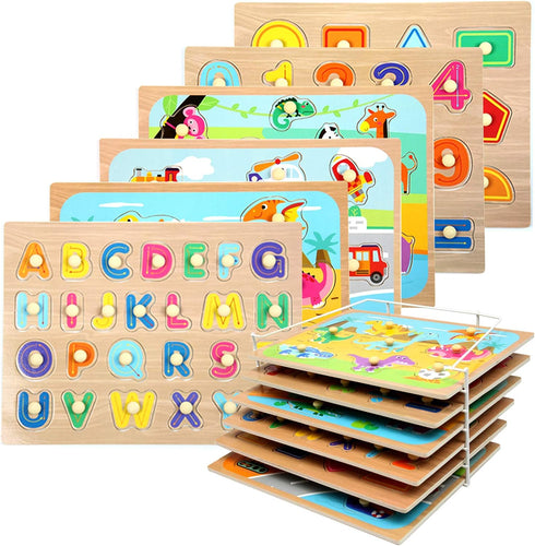 WOOD CITY Toddler Puzzles and Rack Set, Wooden Peg Puzzles Bundle with Storage Holder for Kids Age 2-4