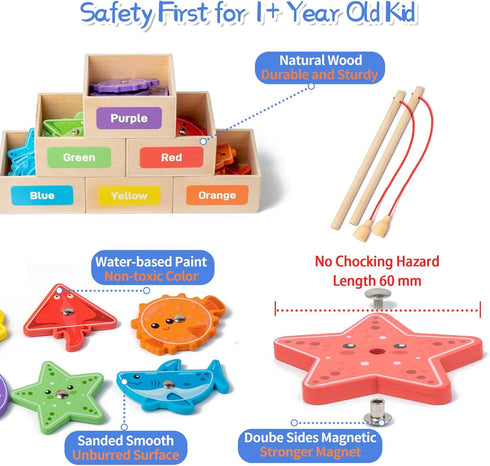 1-3,Wooden 3-5,Preschool Montessori Fishing Game for Toddler Magnetic Fishing Game,Early Educational-Shape & Color