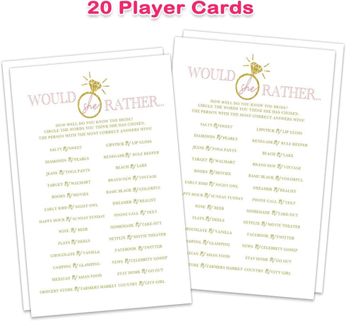 Would She Rather Game- Bridal Shower Game Cards, Wedding Party Games, Bridal Shower Decorations, Gift – 20 Cards per Set - Fun, Unique and Easy to Play