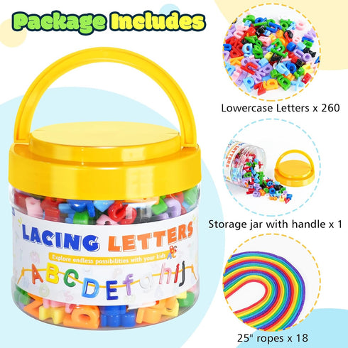278 10 18 3+, Pcs Lacing Letters Beads, Lowercase Alphabet Learning Toys, Color Rainbow Alphabet Beads with Laces