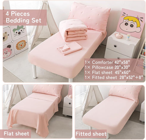 Sets 4 Pink Toddler Bedding for Girls, Pieces Bed-in-a-Bag for Toddler Girl, Soft Microfiber Lightweight Breathable