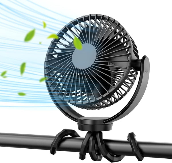 Koonie 5000mAh Portable Stroller Fan - 3-Speed Battery Operated, Flexible Clip-on Tripod,