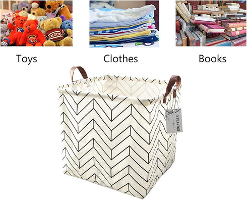 Square Canvas Toy Storage Bins with Handle - Collapsible Organizer for Nursery, Kid's Toy & Laundry (White-Geometric)