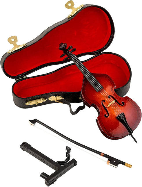 Dselvgvu Wooden Miniature Double Bass - Mini Musical Instrument Collectible with Stand, Bow, and Case