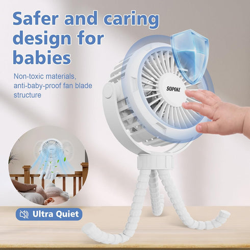 Mini Portable Baby Stroller Fan, 3 Speed Handheld Fan, Battery Operated 360° Flexible Tripod Cooling Fan (Yellow)