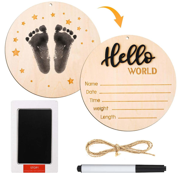 NQEUEPN Baby Announcement Sign Plate, 5.9in Wooden Newborn Disc Board with Ink Pad