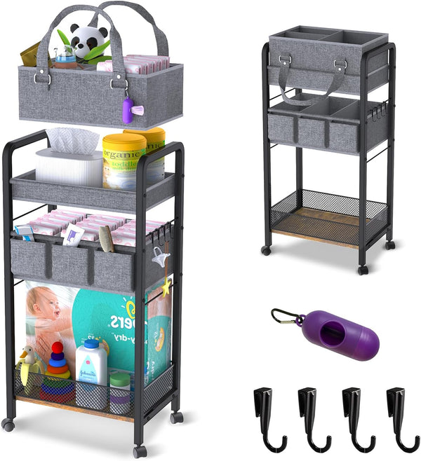 JRANBRJS 2IN1 Baby Diaper Caddy Organizer-3 Tier Rolling Storage Cart with Dividers -