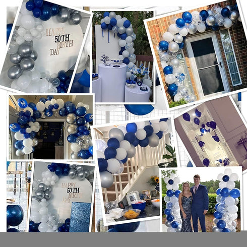 124pcs Blue Silver White Balloons Garland Arch Kit, 5/10/12/18 Inch Set for Birthday Wedding Graduation Party Decor