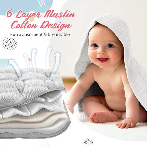 Hahafelt 6 Set, Pcs Muslin Hooded Bath Towels Washcloths and Bibs Muslin Cotton Baby Towels Absorbent Hooded Blanket