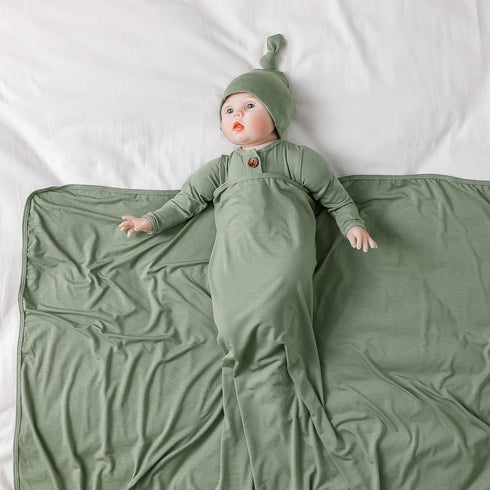Large Rayon Jersey Knitted Swaddle Blanket for Baby, Soft Stretchy Receiving Blanket with Hat, 47 x 47 inches (Sage)