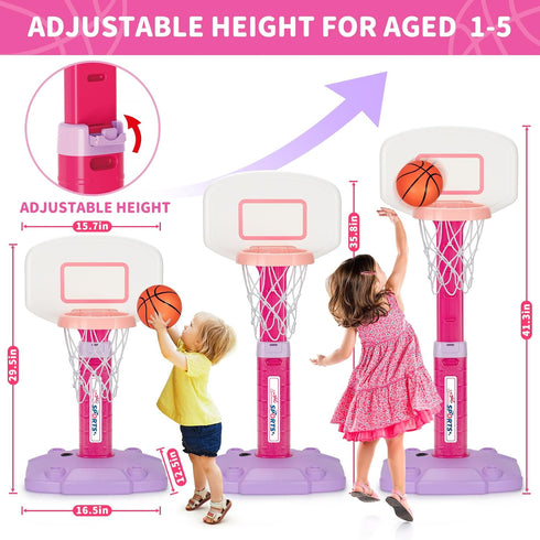 Adjustable Toddler Basketball Hoop Indoor for Ages 1-3, Pink Mini Hoop with 3 Balls for Outdoor Poolside Gift