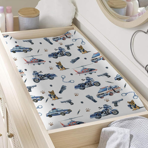 Watercolor Police Vehicles Changing Pad Covers - Fitted Baby Change Table Sheets for Boys, Soft Breathable 32''x16''