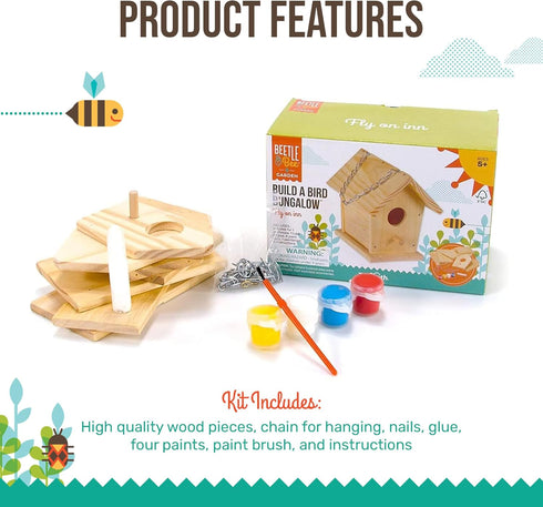 Beetle & Bee Build A Bird Bungalow - DIY Outdoor Birdhouse Kit for Kids, Includes 4 Paints, 1 Brush, Hardware